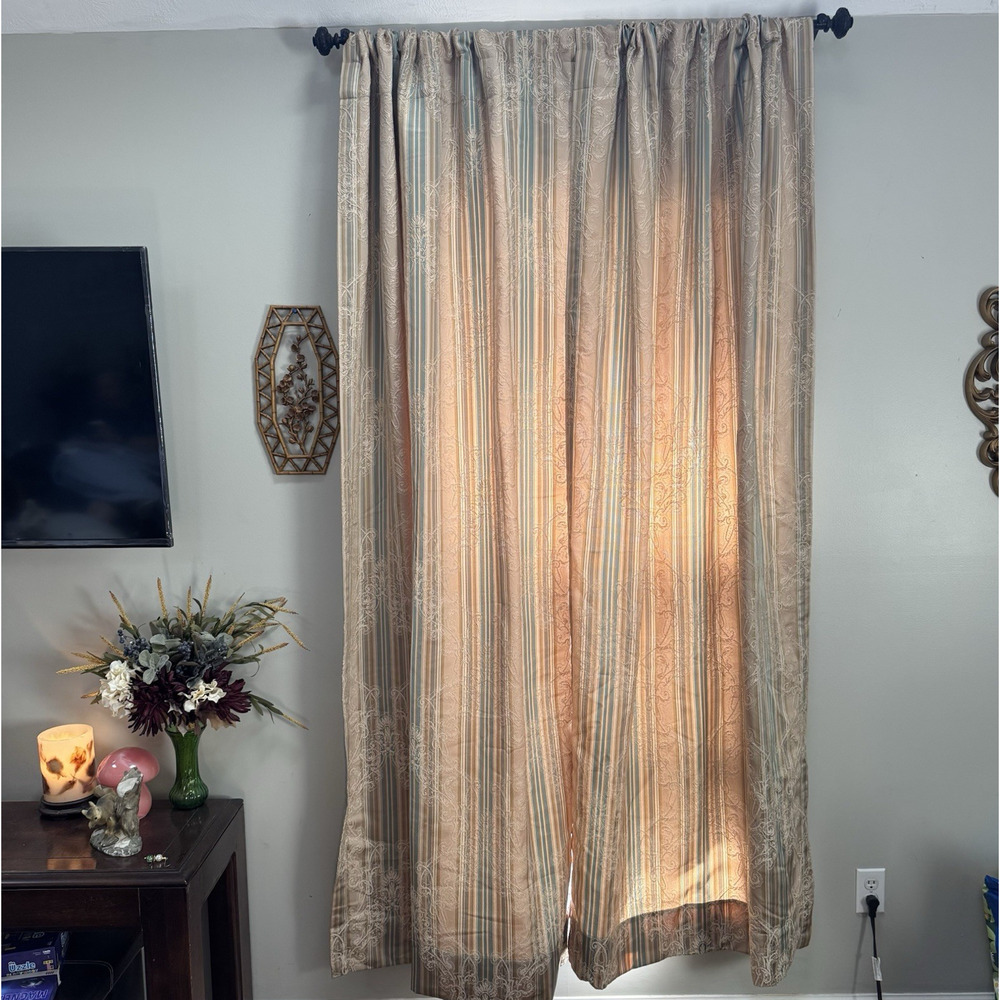 Croscill Home 2 Curtain Panels 40x84 Brocade Fabric Striped Blue Gold Damask